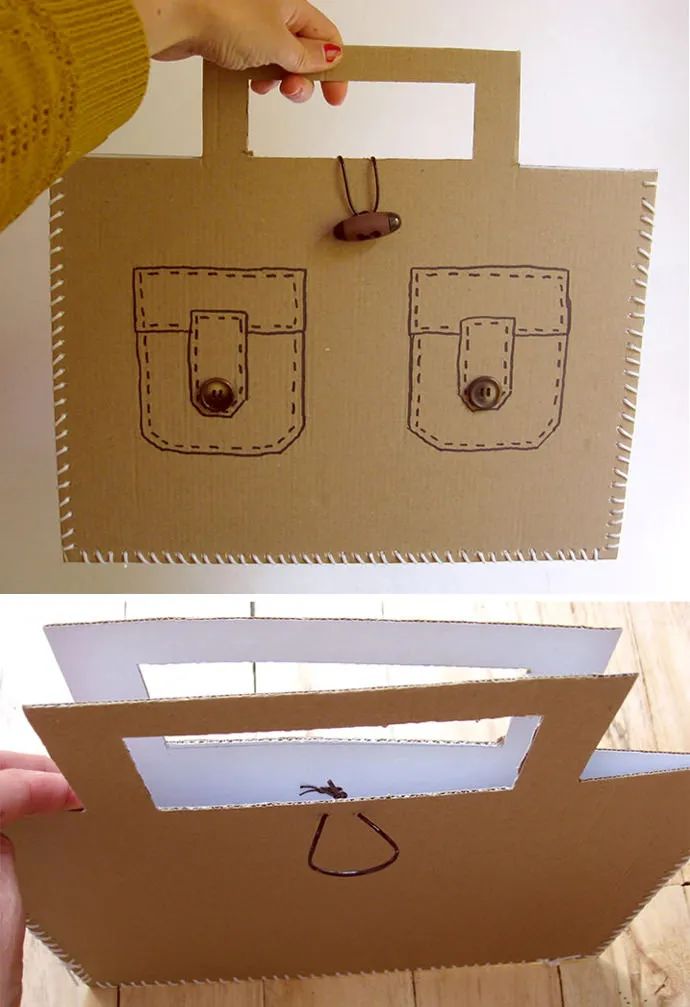 大小的纸箱 在上面用刻刀刻出半圆形的镂空 再重复上面纸箱包包的动作